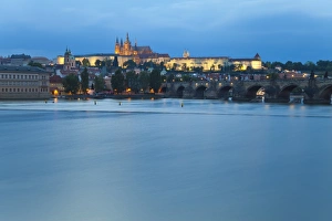 St. Vitus Cathedral, Charles Bridge, River Vltava and the Castle District illuminated at night, UNESCO World Heritage Site, Prague, Czech Republic, Europe