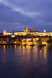 Accessibility Prints: St. Vitus Cathedral, Charles Bridge and the Castle District illuminated at night in winter