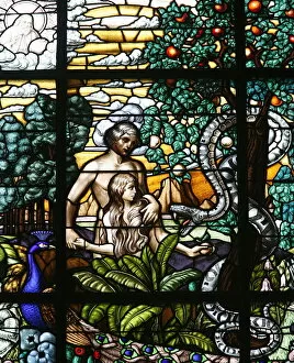 Images Dated 19th February 2007: Stained glass of Adam and Eve in the Garden of Eden, Vienna, Austria, Europe
