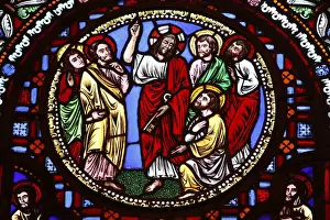 Basilica Prints: Stained glass in Ainay Basilica depicting Jesus giving keys to St