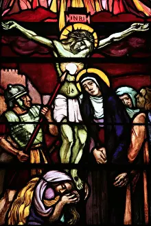 Mary Prints: Stained glass of Christ on the cross, in Saint-Pierre de Solesmes Abbey, Solesmes, Sarthe