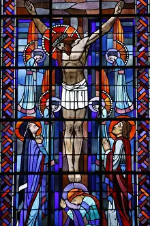 Crucifixion Prints: Stained glass of the Crucifixion in Notre Dame du Rosaire Catholic church, Saint-Ouen