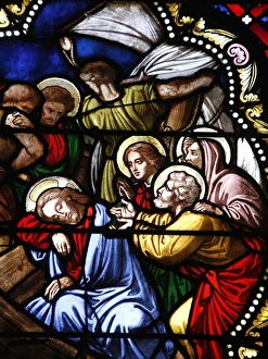 Windows Prints: Stained glass of Jesus asleep in the boat during a storm