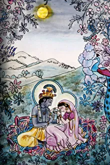 Gods Prints: Stained glass of Krishna and Rada in Iskcon temple, London, England, United Kingdom