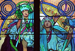 Glass Prints: Stained glass by Mucha, St. Vitus Cathedral, Prague, Czech Republic, Europe
