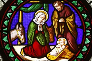 Windows Prints: Stained glass of the Nativity in Ainay Basilica, Lyon, Rhone, France, Europe