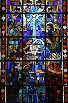 Nativity Prints: Stained glass of Nativity in Notre Dame du Rosaire Catholic church, Saint-Ouen