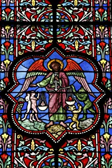 Colourful Prints: Stained glass in Notre Dame de Bayeux cathedral, Bayeux, Normandy, France, Europe