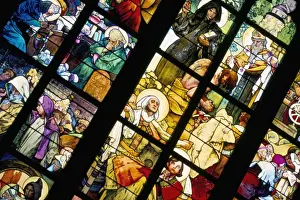 Glass Prints: Stained glass window of Art Nouveau artist Alfons Mucha, St. Vitus cathedral