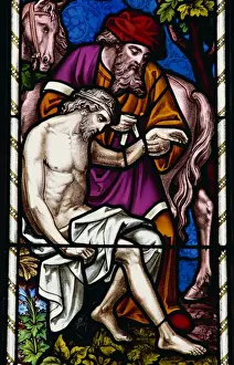Stained glass window at Barnwell village church in Northamptonshire, England