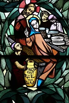 Images Dated 3rd June 2006: Stained glass window of the Cana wedding feast, Saint-Joseph des Fins church, Annecy
