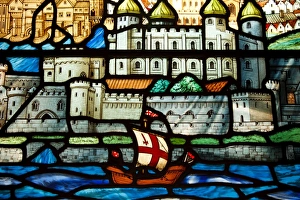 Detail from a stained glass window in the church of All Hallows by the Tower