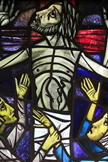 Belgium Prints: Stained glass window of the Crucifixion of Jesus with Mary and John, St. Petrus and St