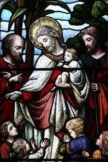 Windows Prints: Stained glass window depicting Jesus welcoming children, Billingshurst, Sussex, England