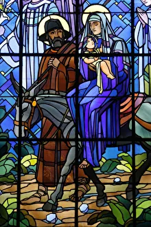 Mary Prints: Stained glass window of the Flight into Egypt, in Chedde church, Haute Savoie, France