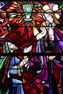 Images Dated 6th May 2006: Stained glass window of the Holy Grail, Romance of St. Graal, Trehorenteuc, Morbihan
