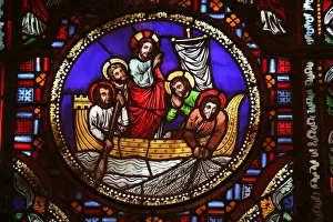 Windows Prints: Stained glass window of the miracle of fishing, Lyon, Rhone, France, Europe