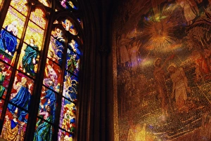 Czech Prints: Stained glass window throwing light on fresco, St. Vitus Cathedral, Hradcany
