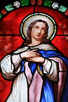 Vibrant Colours Prints: Stained glass window of the Virgin Mary, Beaune, Cote d Or, Burgundy, France, Europe