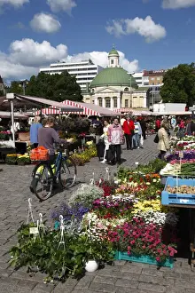 Orthodox Church Prints: Stalls in Kauppatori Square (Market Square) and Orthodox church behind