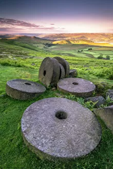 Contrast Collection: Stanage Edge millstones at sunrise, Peak District National Park, Derbyshire, England
