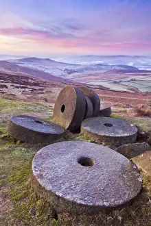 Old Fashioned Prints: Stanage Edge wheelstones (millstones) and frosty winter moorland sunrise