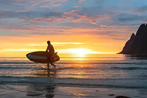 Carrying Prints: Stand up paddle boarder man admiring midnight sun walking back to the beach, Ersfjord