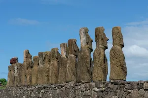 Energy Prints: Standing moai statues at Ahu Tongariki on Easter Island in Chile under a clear blue sky