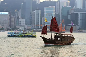 Old Fashioned Prints: Star ferry and Chinese junk boat on Victoria Harbour, Hong Kong, China, Asia