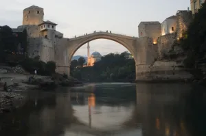 Herzegovina Prints: Stari Most Peace Bridge and reflection of mosque on Neretva River, Mostar