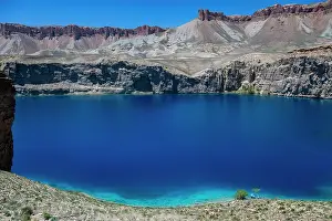 National Prints: Stark blue lake at Band-e-Amir National Park shows the clear waters surrounded by rocky cliffs