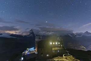 Hotels Prints: Starry sky over the Kulmhotel Gornergrat and Matterhorn, Zermatt, canton of Valais