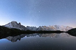 Snowcapped Prints: Starry sky over the snowcapped Mont Blanc, Grand Jorasses