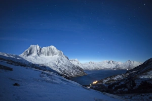 Starry Sky Prints: Stars of the polar night on the Senjahopen peak and frozen sea, Senja, Mefjordbotn