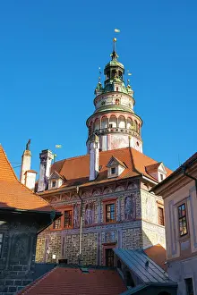 South Bohemian Region Prints: State Castle and Chateau Cesky Krumlov tower amidst blue sky
