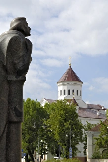 Lithuanian Prints: Statue of Adam Mickiewicz with Church of the Holy Mother