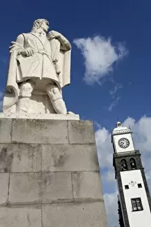 Statue in front of The Three Arches, Ponta Delgada, Sao Miguel Island, Azores