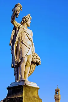 Statue of Autumn, Ponte Santa Trinita, Florence (Firenze), Tower of Palazzo Vecchio, UNESCO World Heritage Site, Tuscany, Italy, Europe