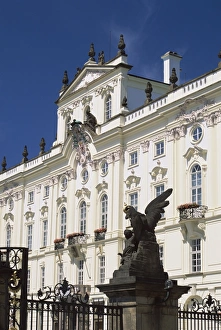 Archbishops Palace Prints: Statue of battling titans in foreground, Archbishopss Palace, Prague