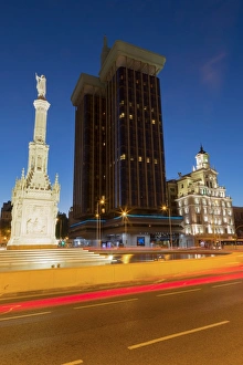 Statue of Columbus in Plaza de Colon at night, Madrid, Spain, Europe