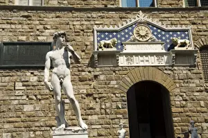 Firenze Prints: Statue of David, Palazzo Vecchio on the Piazza della Signoria