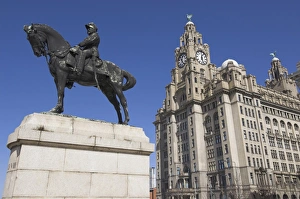 Regal Prints: Statue of Edward VII and Liver Building, Albert Dock, Liverpool, Merseyside, England, UK
