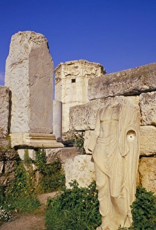 Athen Prints: Statue of Emperor Hadrian and tower of the winds in background