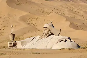 Deserts Prints: Statue of Gengis, Mongol emperor, Badain Jaran Desert, Gobi Desert, Inner Mongolia