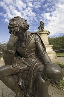 Hamlet Prints: Statue of Hamlet with William Shakespeare behind, Stratford upon Avon, Warwickshire
