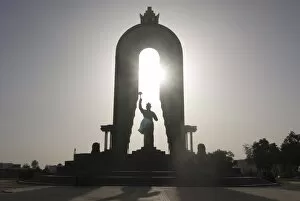 Images Dated 17th August 2009: The statue of Ismail Samani in silhouette, Dushanbe, Tajikistan, Central Asia