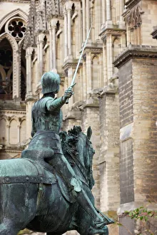 Cathedrals Prints: Statue of Joan of Arc outside Reims cathedral, Reims, Marne, France, Europe