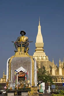 Pha That Luang Prints: Statue of King Setthathirat with Pha That Luang in the background