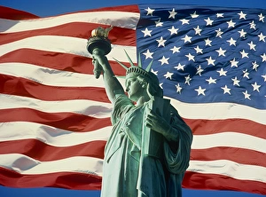 Patriotism Prints: The Statue of Liberty with the Stars & Stripes, New York, United States of America