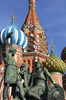 Red Square Prints: Statue of Minin and Pozharskiy and the onion domes of St